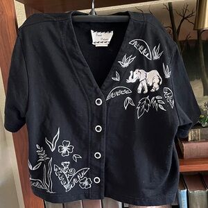 Black Short-Sleeve Button-Front Tee with White Jungle Embroidery by Foot Prints.